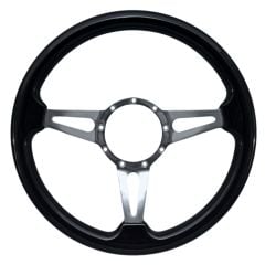 VSW Steering Wheel 14" 9-Hole Black Wood With Polished Aluminum Tear Drop 3-Spoke Center Mustang 1965-1973