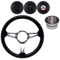VSW Steering Wheel Kit 14" Black Wood 3-Spoke Tear Drop Polished Aluminum With Billet Adapter And Horn Button Mustang 1965-1966