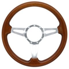 VSW Steering Wheel 14" 9-Hole Walnut Wood w/ Polished Aluminum Tear Drop 3-Spoke Center Mustang 1965-1973