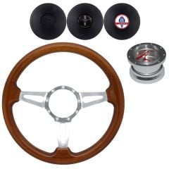VSW Steering Wheel Kit 14" Walnut Wood 3-Spoke Tear Drop Polished Aluminum With Billet Adapter And Horn Button Mustang 1967-1973 