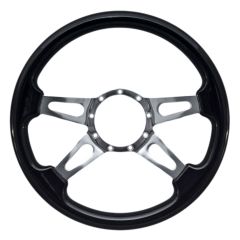 VSW Steering Wheel 14" 9-Hole Black Wood With Polished Aluminum Tear Drop 4-Spoke Center Mustang 1965-1973