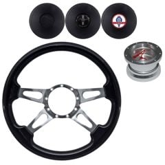 VSW Steering Wheel Kit 14" Black Wood 4-Spoke Tear Drop Polished Aluminum W/ Billet Adapter And Horn Button Mustang 67-73 