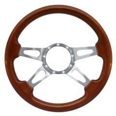 VSW Steering Wheel 14" 9-Hole Walnut Wood w/ Polished Aluminum Tear Drop 4-Spoke Center Mustang 1965-1973