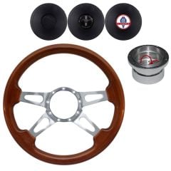 VSW Steering Wheel Kit 14" Walnut Wood 4-Spoke Tear Drop Polished Aluminum With Billet Adapter And Horn Button Mustang 1965-1966