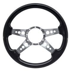 VSW Steering Wheel 14" 9-Hole Black Wood With Polished Aluminum 3-Hole 4-Spoke Center Mustang 1965-1973
