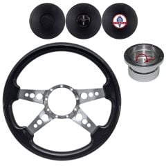 VSW Steering Wheel Kit 14" Black Wood 3-Hole 4-Spoke Polished Aluminum With Billet Adapter And Horn Button Mustang 1965-1966
