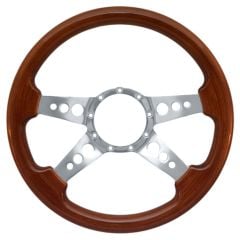 VSW Steering Wheel 14" 9-Hole Walnut Wood With Polished Aluminum 3-Hole 4-Spoke Center Mustang 1965-1973