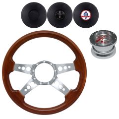 VSW Steering Wheel Kit 14" Walnut Wood 3-Hole 4-Spoke Polished Aluminum With Billet Adapter And Horn Button Mustang 1967-1973 