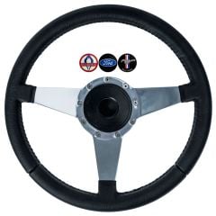 VSW Steering Wheel Kit 14" Black Leather 3-Spoke Polished Aluminum With Billet Adapter And Horn Button Mustang 1984-1989
