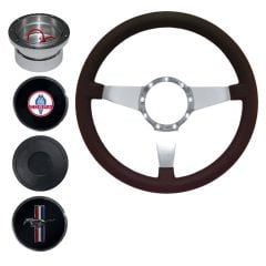 VSW Steering Wheel Kit 14" Black Leather 3-Spoke Polished Aluminum With Billet Adapter And Horn Button Mustang 1965-1966