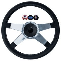 VSW Steering Wheel Kit 14" Black Leather 4-Spoke Polished Aluminum With Billet Adapter And Horn Button Mustang 1984-1989