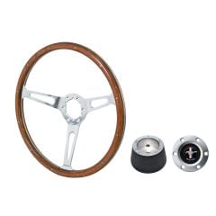 VSW Steering Wheel Kit 1965 GT350 Style 15" Woodgrain/ Rivets Mustang 65-66 w/ Brushed Tri-Bar Horn Button/ 6-Bolt Adapter