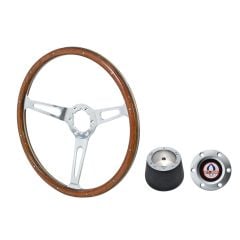 VSW Steering Wheel Kit 1965 GT350 Style 15" Woodgrain/ Rivets Mustang 65-66 w/ Brushed GT350 Logo Horn Button/ 6-Bolt Adapter