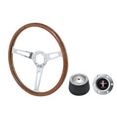 VSW Steering Wheel Kit 1965 GT350 Style 15" Woodgrain/ Rivets Mustang 67-73 w/ Brushed Tri-Bar Horn Button/ 6-Bolt Adapter