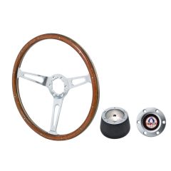 VSW Steering Wheel Kit 1965 GT350 Style 15" Woodgrain/Rivets Mustang 67-73 w/ Brushed GT350 Logo Horn Button/ 6-Bolt Adapter