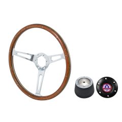 VSW Steering Wheel Kit 1965 GT350 Style 15" Woodgrain/Rivets Mustang 67-73 w/ Black Cobra Logo Horn Button/6-Bolt Adapter