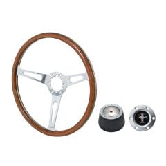 VSW Steering Wheel Kit 1965 GT350 Style 15" Woodgrain Mustang 65-66 w/ Brushed Tri-Bar Horn Button/6-Bolt Adapter