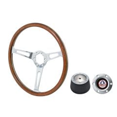 VSW Steering Wheel Kit 1965 GT350 Style 15" Woodgrain Mustang 65-66 w/ Brushed GT350 Logo Horn Button/ 6-Bolt Adapter