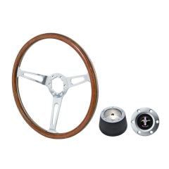 VSW Steering Wheel Kit 1965 GT350 Style 15" Woodgrain Mustang 67-73 w/ Brushed Tri-Bar Horn Button/ 6-Bolt Adapter