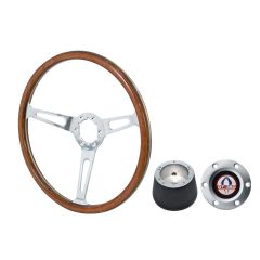 VSW Steering Wheel Kit 1965 GT350 Style 15" Woodgrain Mustang 67-73 w/ Brushed GT350 Logo Horn Button/ 6-Bolt Adapter