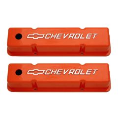 Valve Cover Cast Aluminum Orange With Chevrolet Logo Pair Small Block Chevy 1960-1986