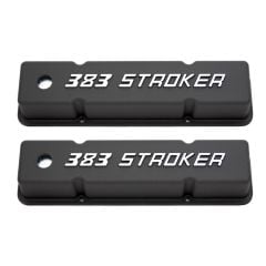 Black Cast Aluminum Valve Cover Pair w/ 383 Stroker Logo Small Block Chevy 60-86