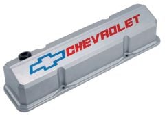 PROFORM Valve Covers Slant-Edge Metalic Gray Aluminum Tall Pair With Blue and Red Chevrolet Bowtie Logo 262-400 Small Block Engine
