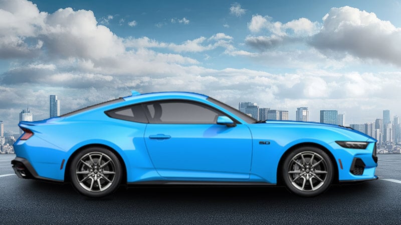 A side-angle render of a 2026 Mustang GT in Grabber Blue Metallic