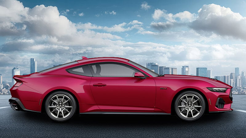 A side-angle render of a 2026 Mustang GT in Molten Magenta Metallic Tinted Clearcoat