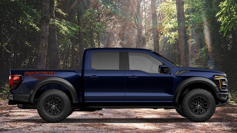 A dark blue Ford F150 pickup truck painted Antimatter Blue Metallic
