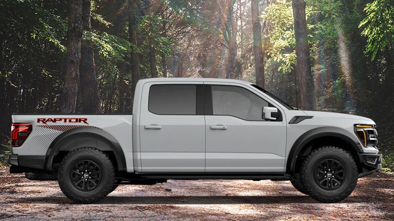 A light gray Ford F150 painted Avalanche