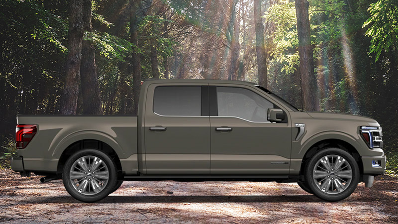 A muted olive Ford F150 truck painted Marsh Gray