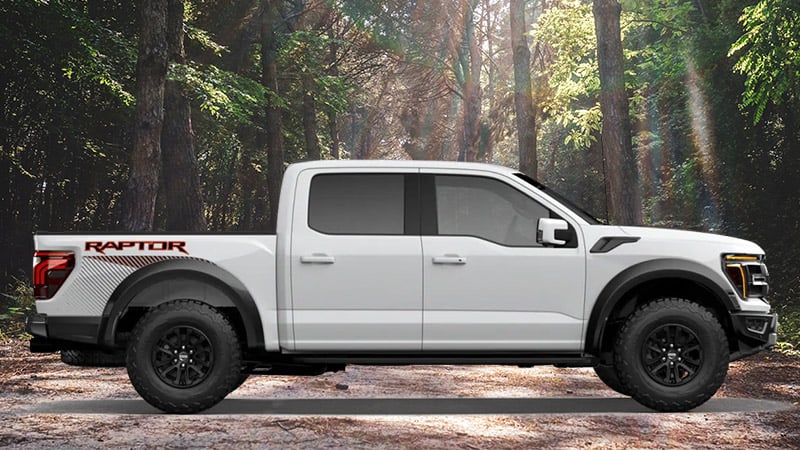 A white Ford F150 truck painted Oxford White