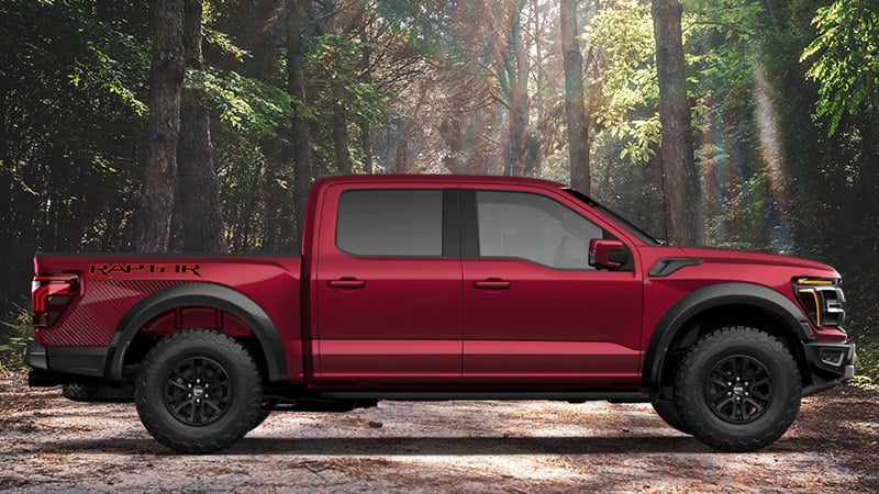 A 2026 Ford F150 painted Ruby Red Metallic Tinted Clearcoat