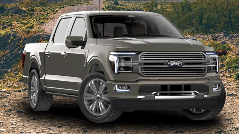 A muted olive Ford F150 truck painted Marsh Gray