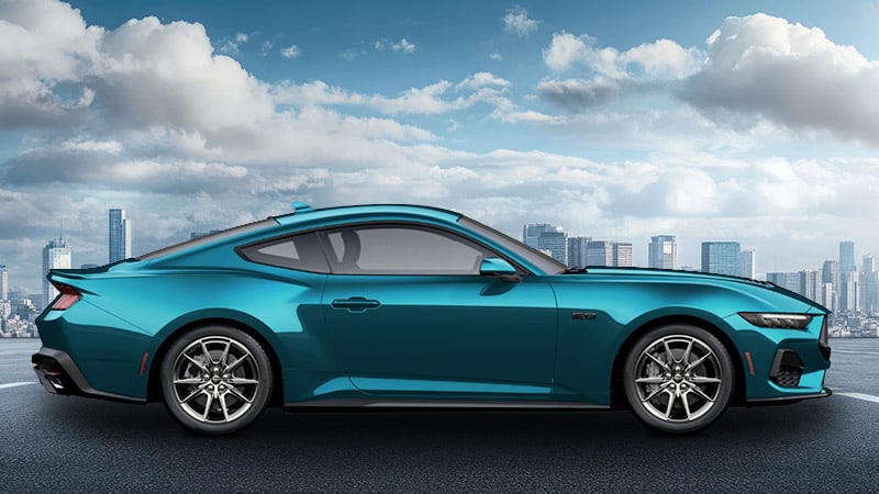 A side-angle render of a 2027 Mustang GT in Adriatic Blue Metallic