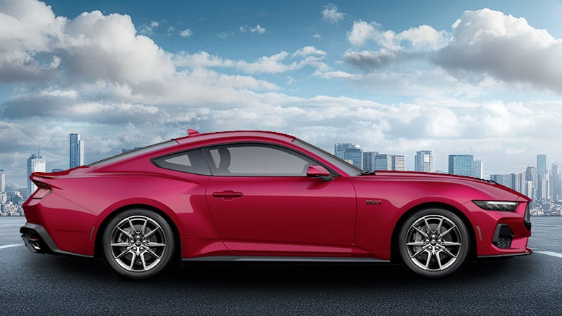 A side-angle render of a 2027 Mustang GT in Molten Magenta Metallic Tinted Clearcoat
