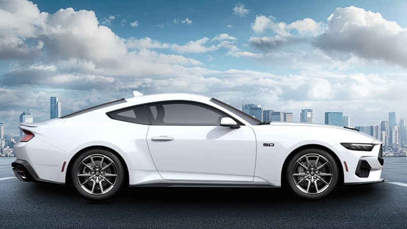A side-angle render of a 2027 Mustang GT in Oxford White