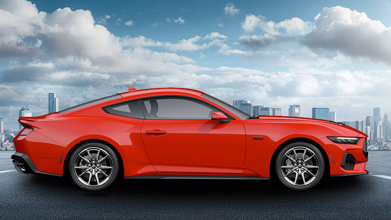 A side-angle render of a 2027 Mustang GT in Race Red
