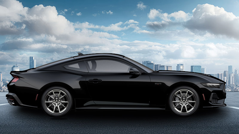 A side-angle render of a 2027 Mustang GT in Shadow Black