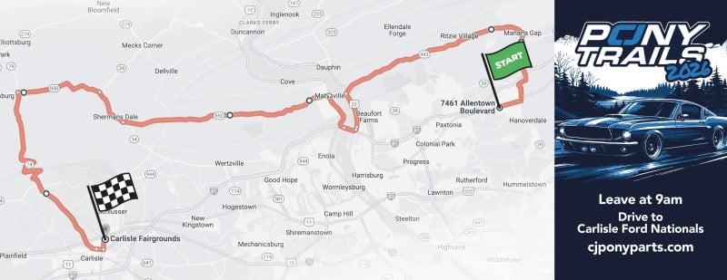 A map with breakdown of the route festival goers will take to Carlisle Ford Nationals during the 2026 Pony Trails cruise