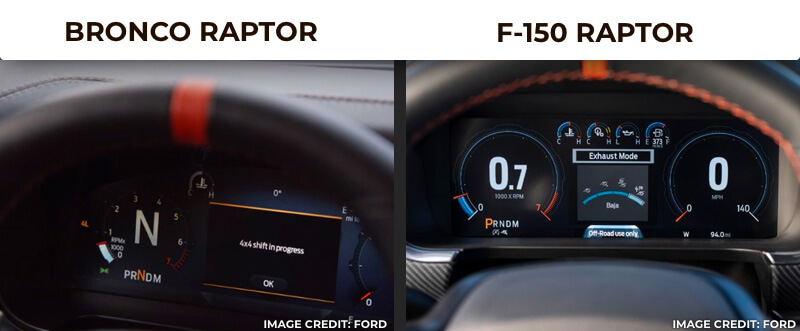 Bronco Raptor and F-150 Raptor gauge cluster side-by-side comparison