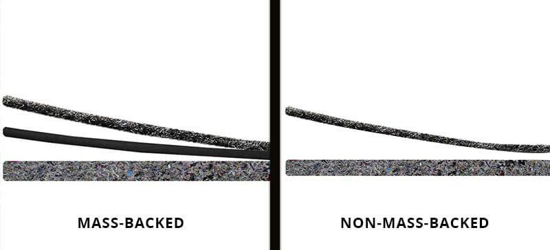 a side by side comparison showing the extra layer of mass back carpet