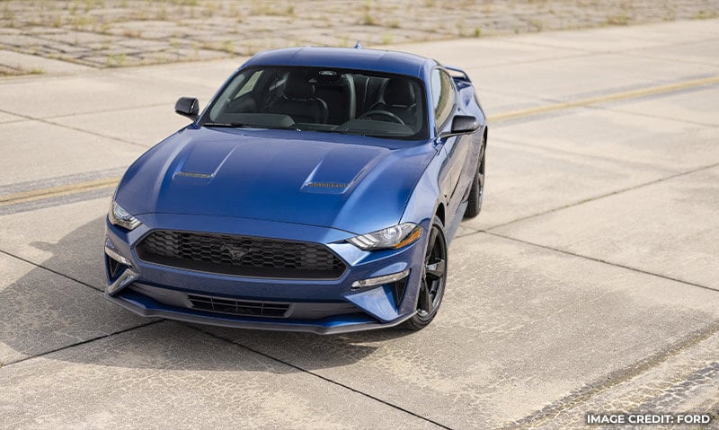 Front of blue Mustang with stealth package