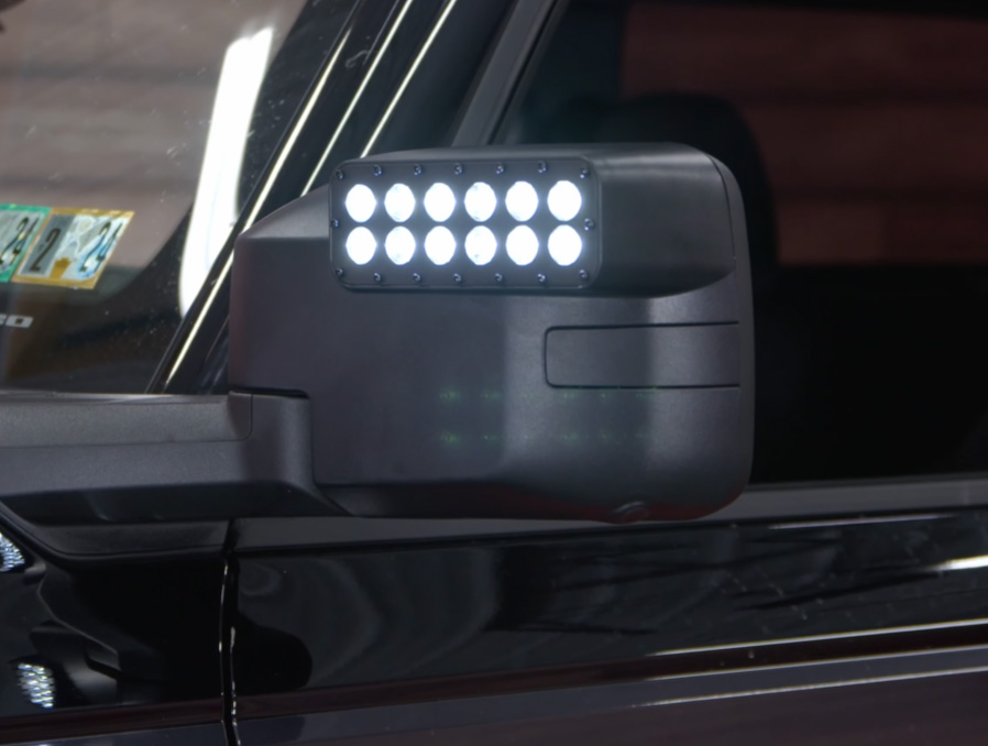 LED lights on the side-view mirror of a Ford Bronco
