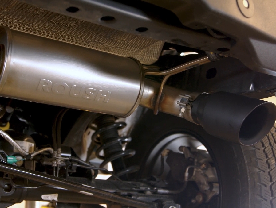 The underside of a Ford Bronco with emphasis on the exhaust system