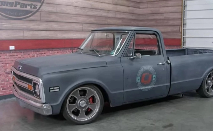A wide angle shot of a restored Chevy C10