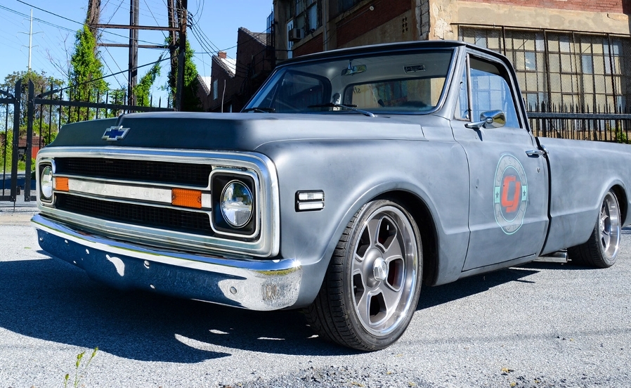 A wide angle shot of a restored Chevy C10